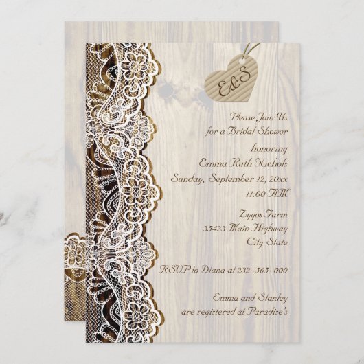 Weißes Spitzen & Herz auf Holzhochzeit Brautparty Einladung (Vorne/Hinten)
