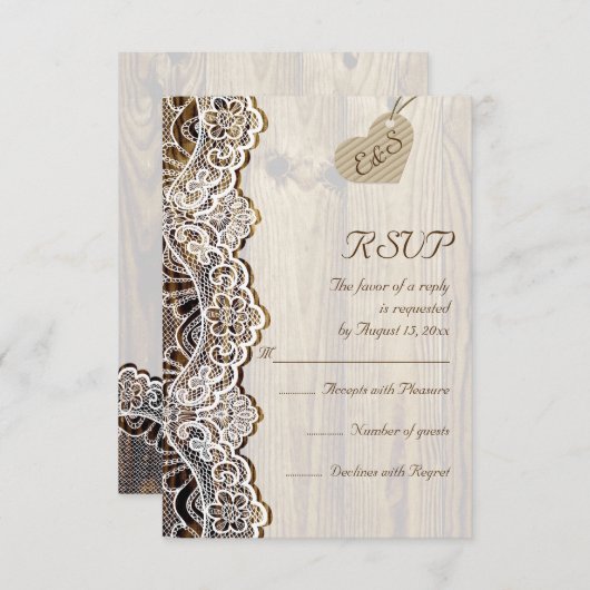 Weißes Spitzen & Herz auf Holzhochzeit RSVP (Vorne/Hinten)