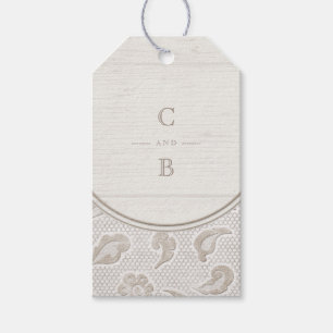 Weißes Spitzen-Holz rustikale Hochzeitsmonogramm Geschenkanhänger