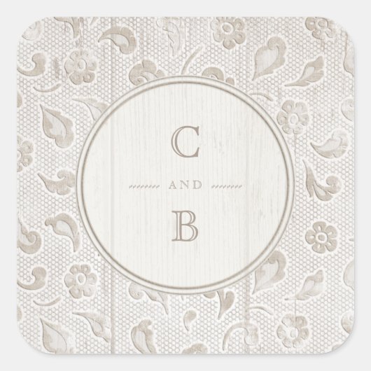 Weißes Spitzen-Holz rustikale Hochzeitsmonogramm Quadratischer Aufkleber (Vorderseite)