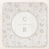 Weißes Spitzen-Holz rustikale Hochzeitsmonogramm Rechteckiger Pappuntersetzer (Vorderseite)