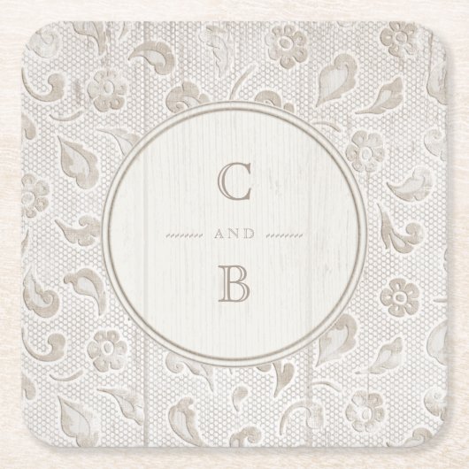 Weißes Spitzen-Holz rustikale Hochzeitsmonogramm Rechteckiger Pappuntersetzer (Vorderseite)