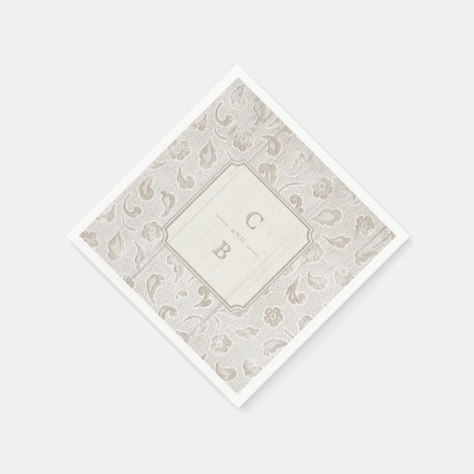 Weißes Spitzen-Holz rustikale Hochzeitsmonogramm Serviette (Ecke)