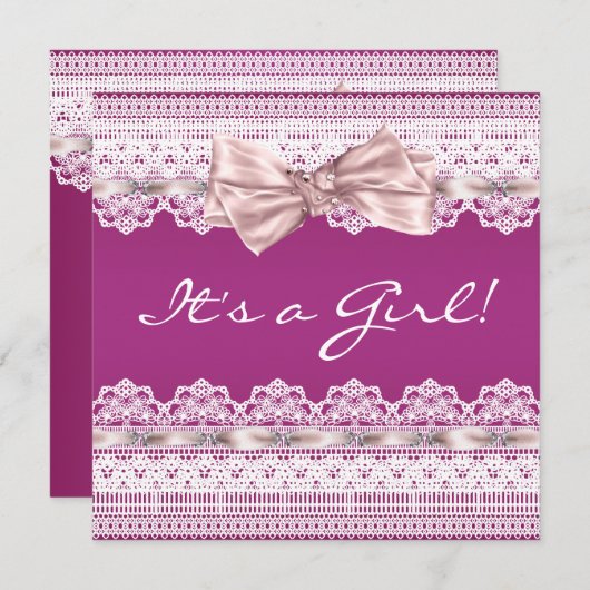 Weißes Spitzen Rosa Ribbon Hot Pink Babydusche Einladung (Vorne/Hinten)