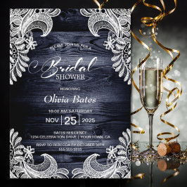 Weißes Spitzenblau-Holz-Brautparty Einladung