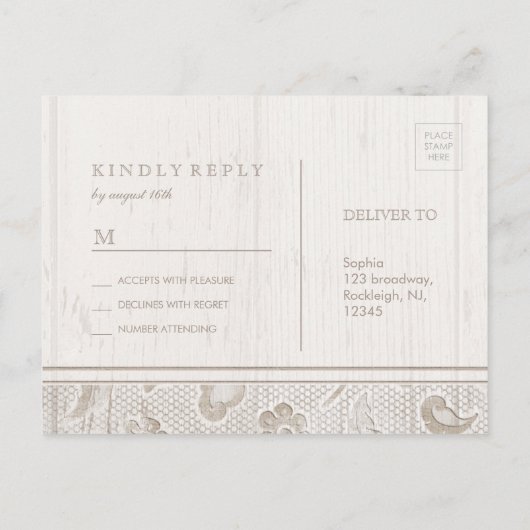 Weißes Spitzenholz rustikale Landhochzeit UAWG Einladungspostkarte (Rückseite)