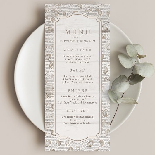 Weißes Spitzenholz rustikales Hochzeitsmenü Menükarte