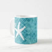 Weißes Starfish-Aqua-Seeglas-Monogramm Kaffeetasse (Vorderseite Links)