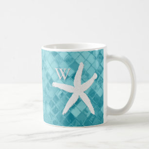 Weißes Starfish-Aqua-Seeglas-Monogramm Kaffeetasse