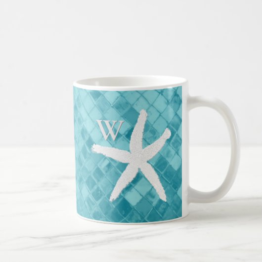 Weißes Starfish-Aqua-Seeglas-Monogramm Kaffeetasse (Rechts)