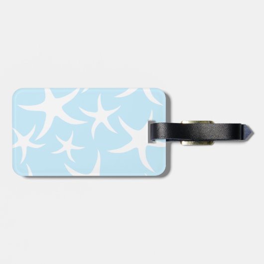 Weißes Starfish-Muster auf hellblauem. Gepäckanhänger (Rückseite horizontal)