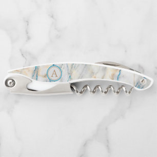 Weißes Steinblaues Glitzer-Marmorierungmonogramm Kellnermesser