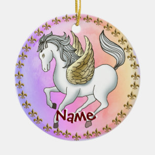Weißes tänzelndes Pegasus-Einhorn Keramik Ornament