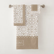 Weißes Taupe-Damast-Muster, geschlagene Ränder