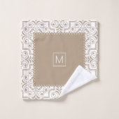 Weißes Taupe-Damast-Muster, geschlagene Ränder Badhandtuch Set (Waschlappen)