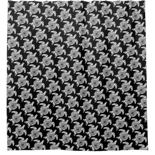 Weißes Tribal-Schildkrötenmuster über schwarz Duschvorhang (Vorderseite)
