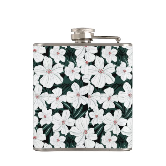 Weißes tropisches Blumen-Muster Flachmann (Rückseite)