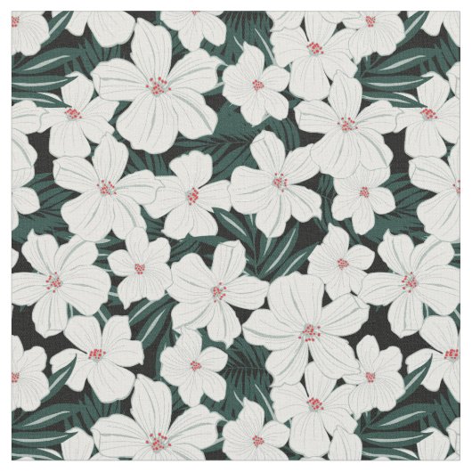 Weißes tropisches Blumen-Muster Stoff (Nahaufnahme)