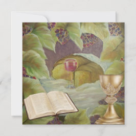 Weißes Tuch mit Wein und Brot, umgeben von Grün Feiertagskarte