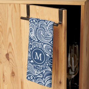 Weißes und blaues vintage Paisley-Muster mit Monog Geschirrtuch