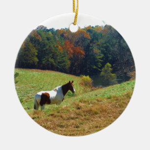 Weißes und braunes Pferd, Herbstteich Keramikornament
