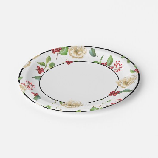 Weißes und goldenes Magnolia-Papier Pappteller (Schrägansicht)