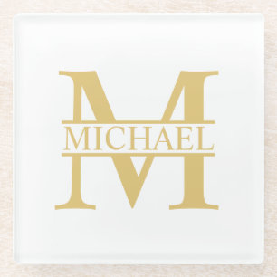 Weißes und goldenes personalisiertes Monogramm und Glasuntersetzer