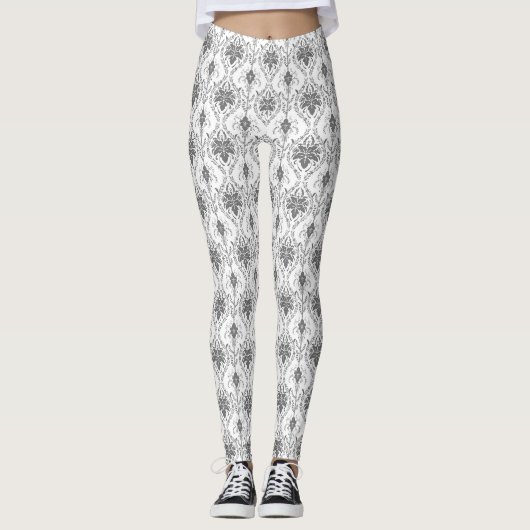Weißes und graues Damaskus-Lochmuster Leggings (Vorderseite)
