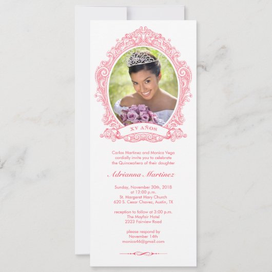 Weißes und heißes Rosa Quinceanera Einladung (Vorderseite)