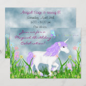 Weißes und Lila Einhorn mit Schmetterlingen Geburt Einladung (Vorne/Hinten)