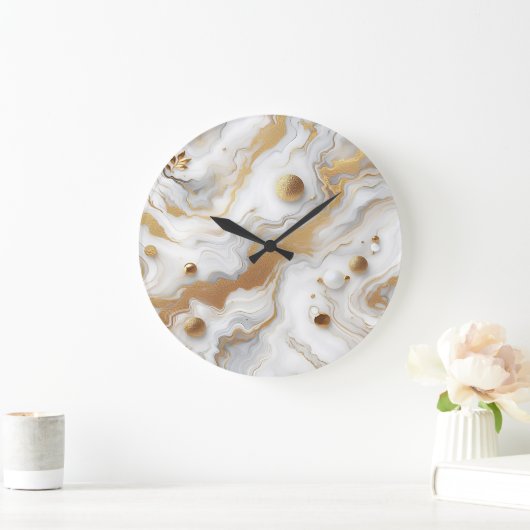 Weißes und mattes goldfarbenes Marmordesign Große Wanduhr (Zuhause)