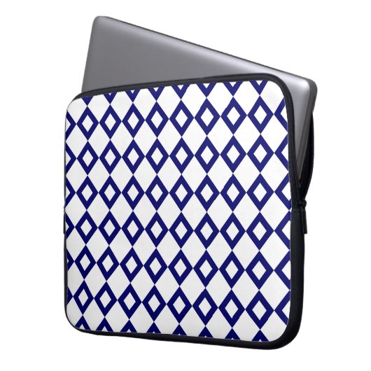 Weißes und Navy-Diamant-Muster Laptopschutzhülle (Vorderseite Links)