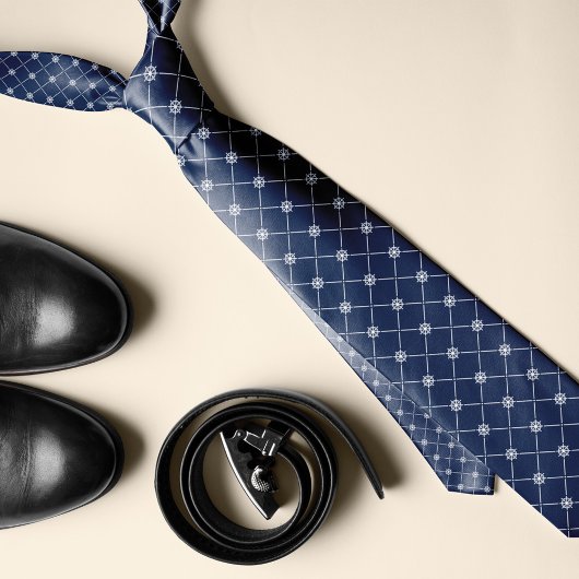 Weißes und Navy Nautical Ship Wheel Diamond Muster Krawatte