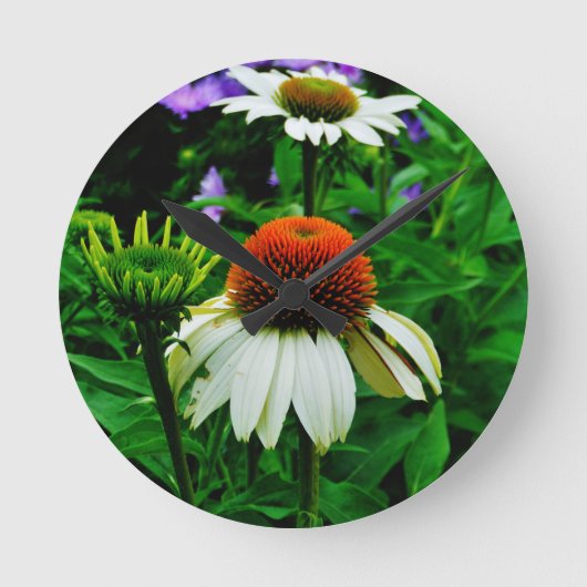 Weißes und orange ConeFlowers Runde Wanduhr (Vorderseite)
