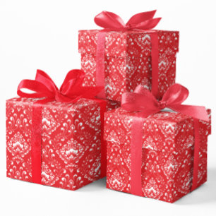 Weißes und rotes vintage-blumen-damaskusmuster geschenkpapier