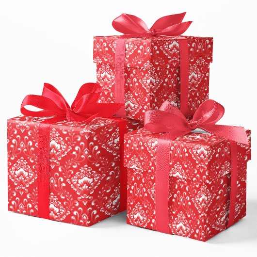 Weißes und rotes vintage-blumen-damaskusmuster geschenkpapier