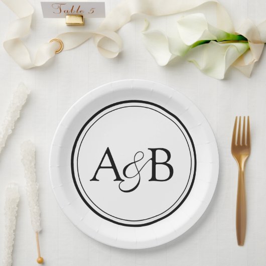 Weißes und schwarzes Monogramm und Et-Zeichen für Pappteller (Hochzeit)