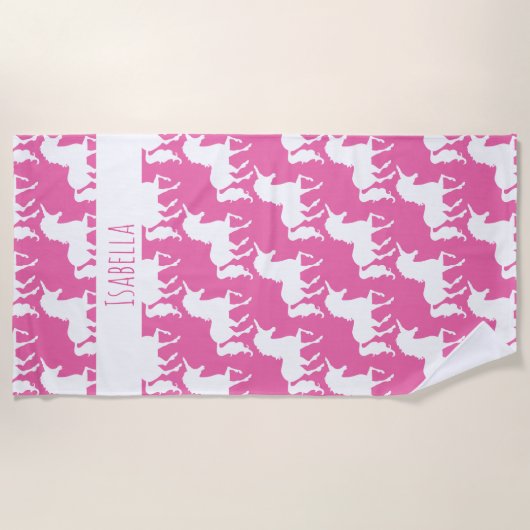 Weißes Unicorn-Silhouette-Muster-Rosa Strandtuch (Vorderseite)