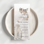 Weißes verblasstes Foto Überlagerung essen wir Hoc Menükarte<br><div class="desc">Dieses elegante Hochzeitsmenü mit individuellem Foto,  Text und modernem Drehbuch würde Ihr Party wunderbar ergänzen! Ändern Sie den Text einfach,  indem Sie auf die Option "Personalisieren Sie diese Vorlage" klicken.</div>