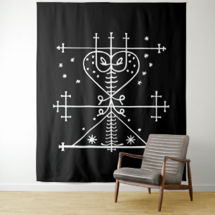 Weißes Veve von Maman Brigitte auf Schwarz Wandteppich