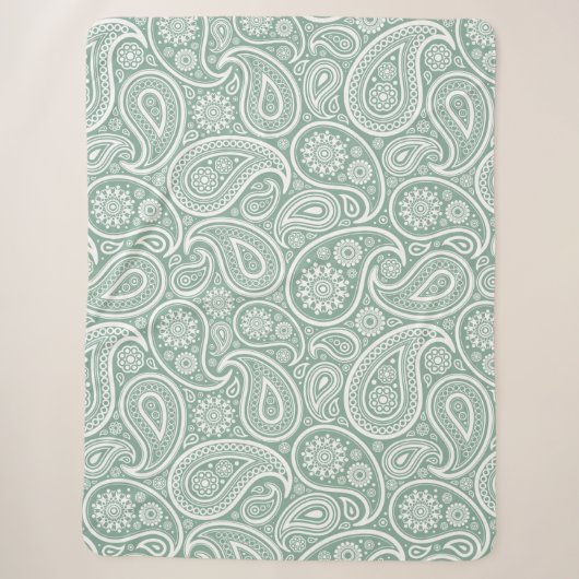 Weißes Vintage-Paisleymuster gedämpftes Grün Sherpadecke (Vorderseite)