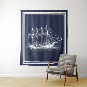 Weißes Vintages Schooner-u. Marine-Nautischblau Wandteppich