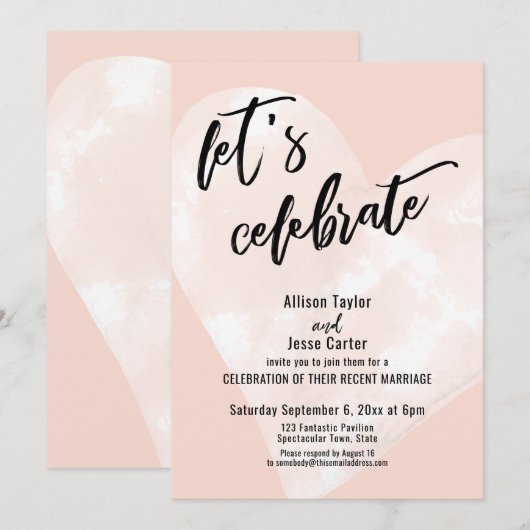 Weißes Wasserfarbenherz Feiern wir Blush Pink Einladung (Vorne/Hinten)