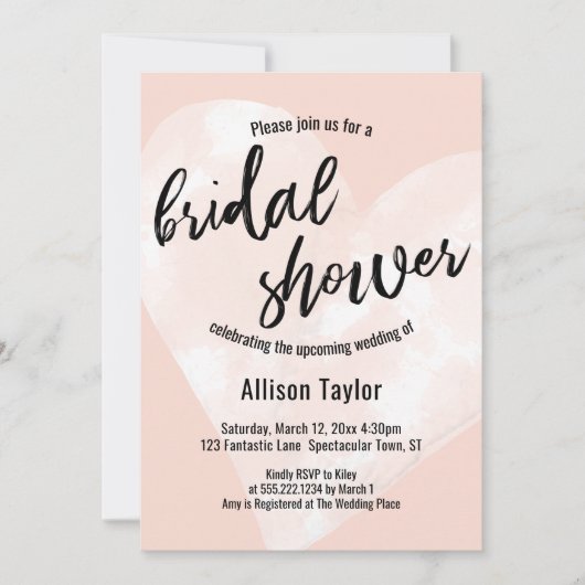 Weißes Wasserfarbenherz Rosa Brautparty Einladung (Vorderseite)