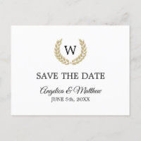 Weißes Wedding Goldlorbeer-Monogramm SAVE THE DATE