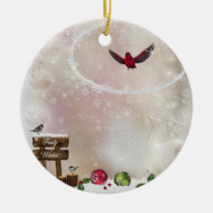 Weißes Weihnachtsroter Kardinals-Vogel Keramikornament