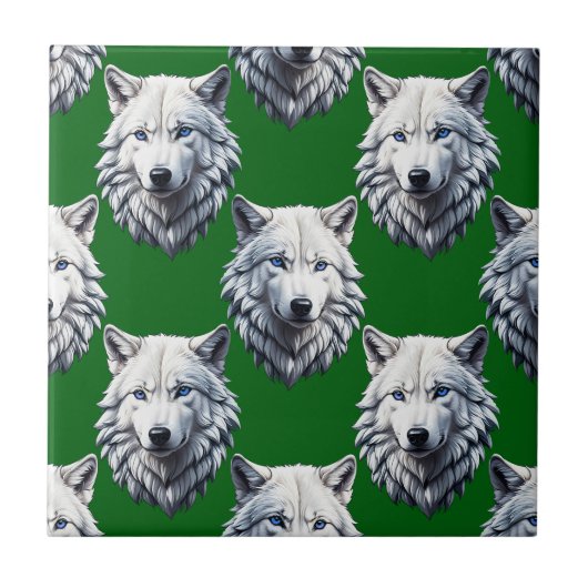 Weißes Wolfskopf-Musterdesign Grün Fliese (Vorderseite)