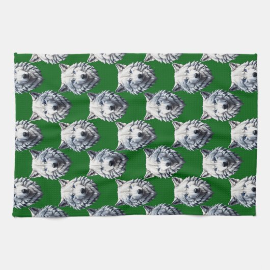 Weißes Wolfskopf-Musterdesign Grün Geschirrtuch (Horizontal)