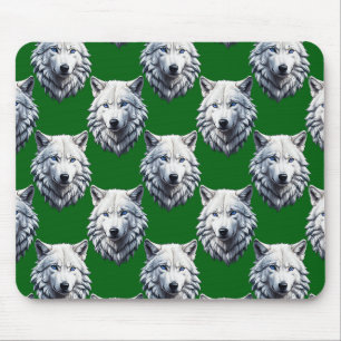 Weißes Wolfskopf-Musterdesign Grün  Mousepad