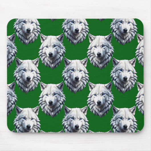 Weißes Wolfskopf-Musterdesign Grün Mousepad (Vorne)